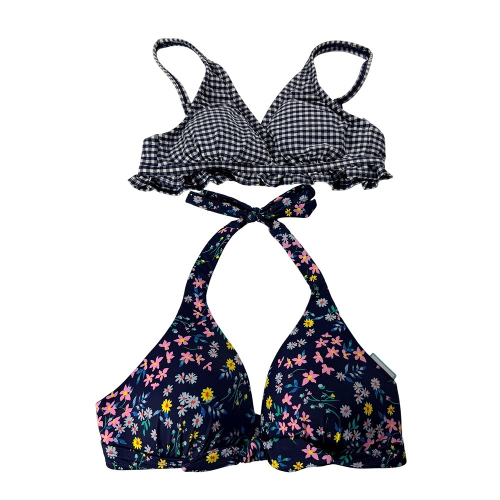 Lot 2 Draper James Bikini Tops XS Navy Gingham Ruffle Floral Halter Bow New